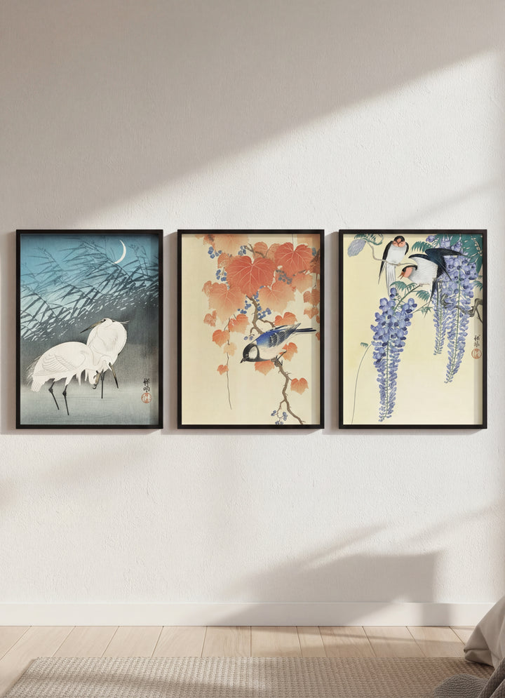 Trio of Woodblock Print Birds by Ohara Koson