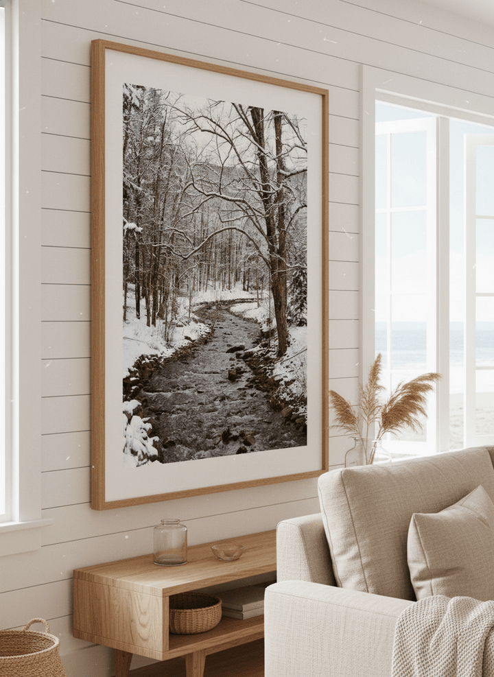Neutral wall art displayed in a sunny coastal beach house