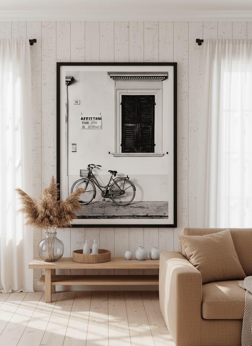 Neutral wall art displayed in a sunny coastal beach house
