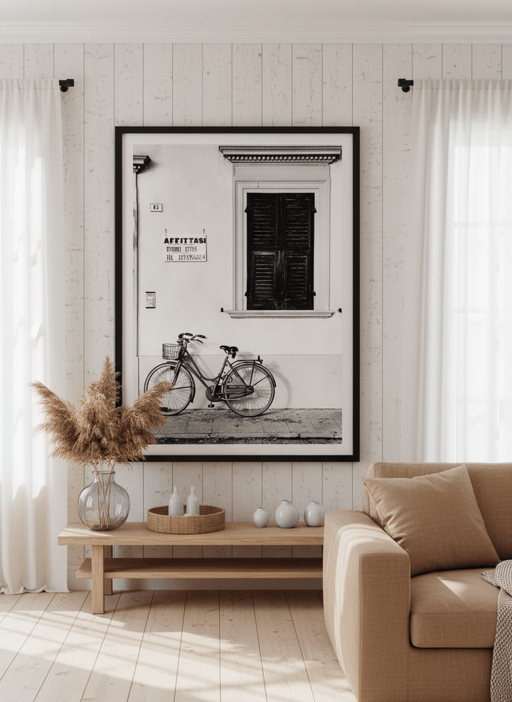Neutral wall art displayed in a sunny coastal beach house