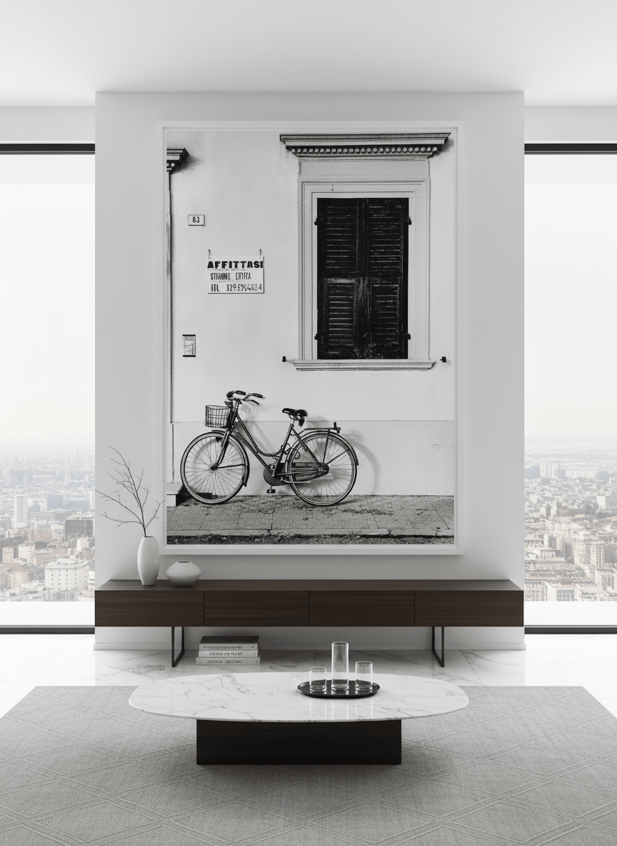 Monumental artwork centred on a feature wall in a luxe interior