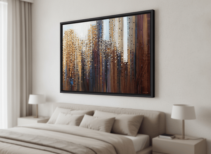 Minimalist artwork displayed in a calm, light-filled bedroom interior
