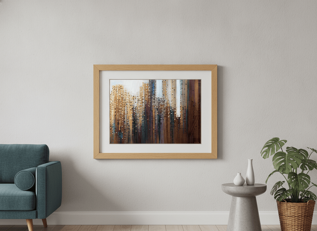 Modern wall art styled above a sofa in a neutral living room