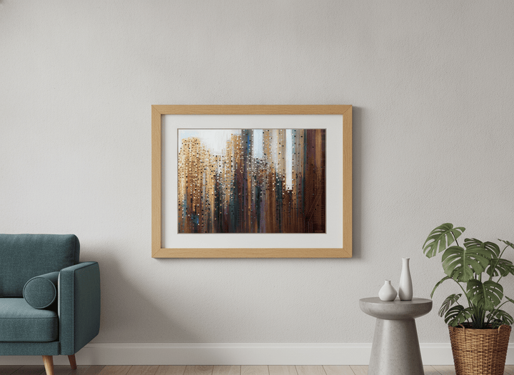 Modern wall art styled above a sofa in a neutral living room