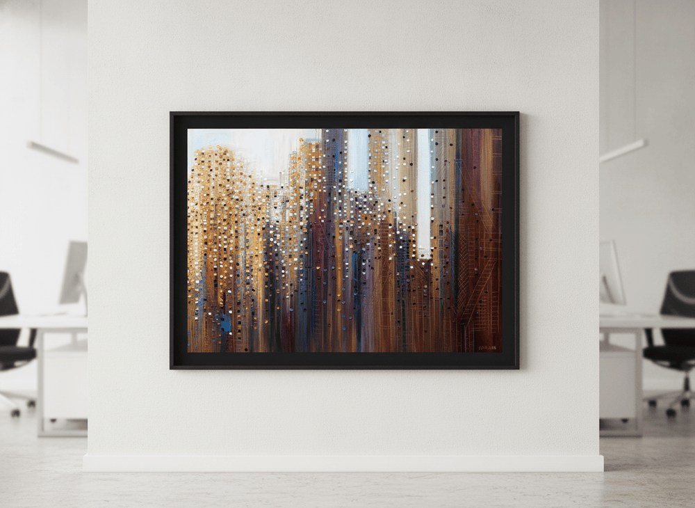 Contemporary wall art featured in a bright modern office workspace