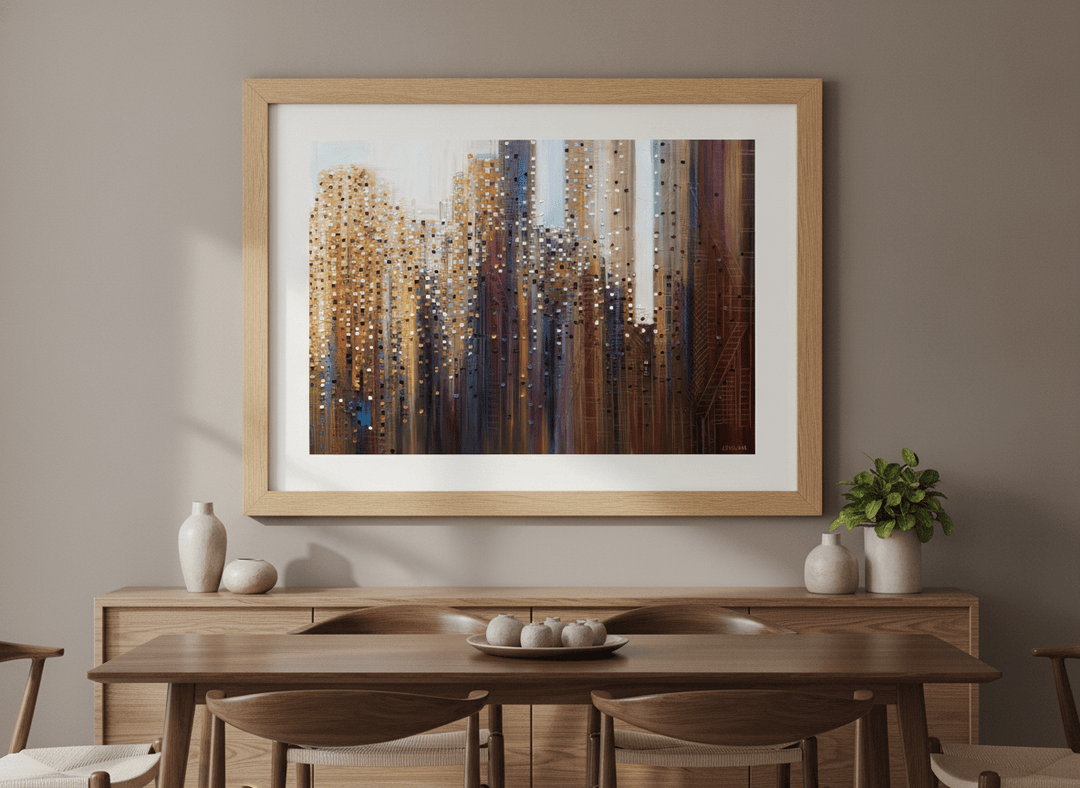 Wall art styled above a dining table in a contemporary home
