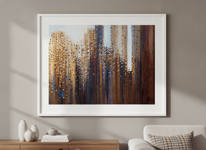 Modern wall art styled above a sofa in a neutral living room