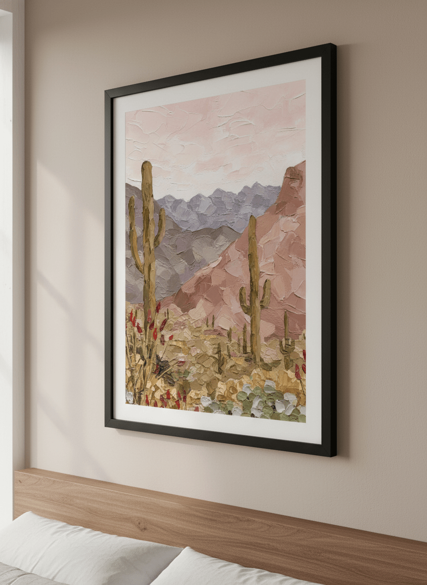 Minimalist artwork displayed in a calm, light-filled bedroom interior