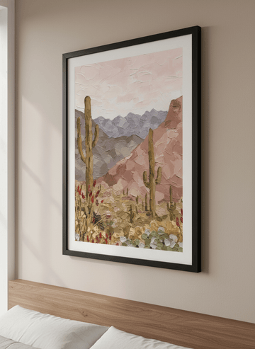 Minimalist artwork displayed in a calm, light-filled bedroom interior