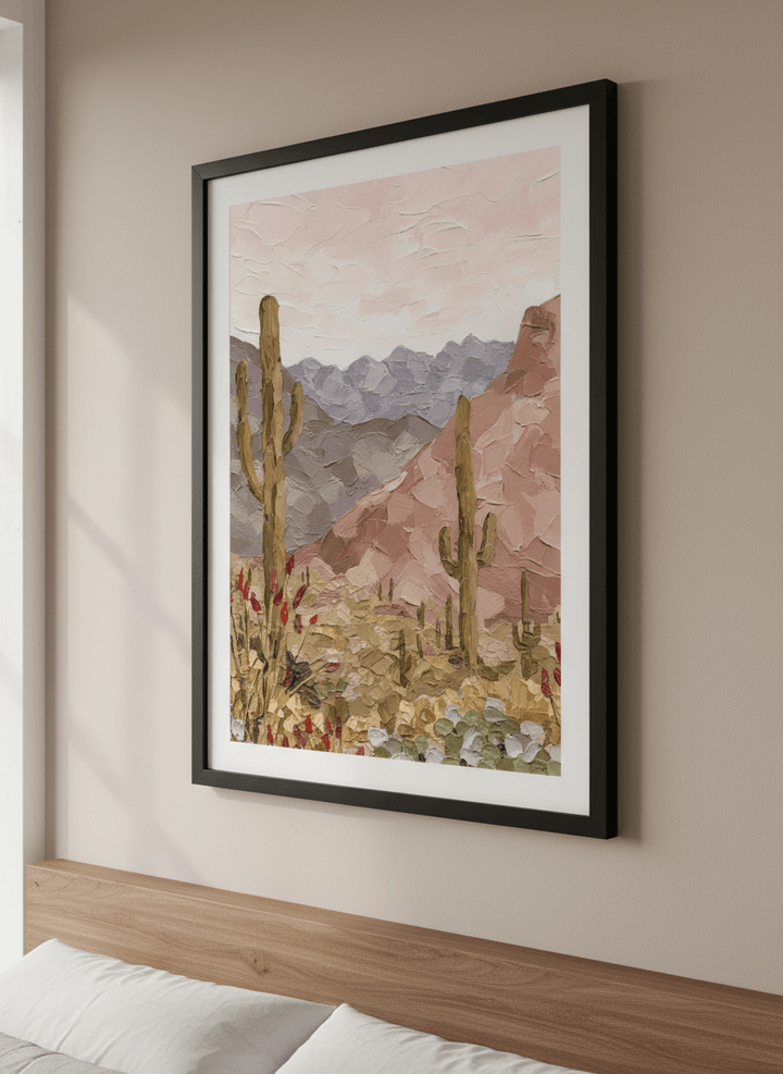 Minimalist artwork displayed in a calm, light-filled bedroom interior