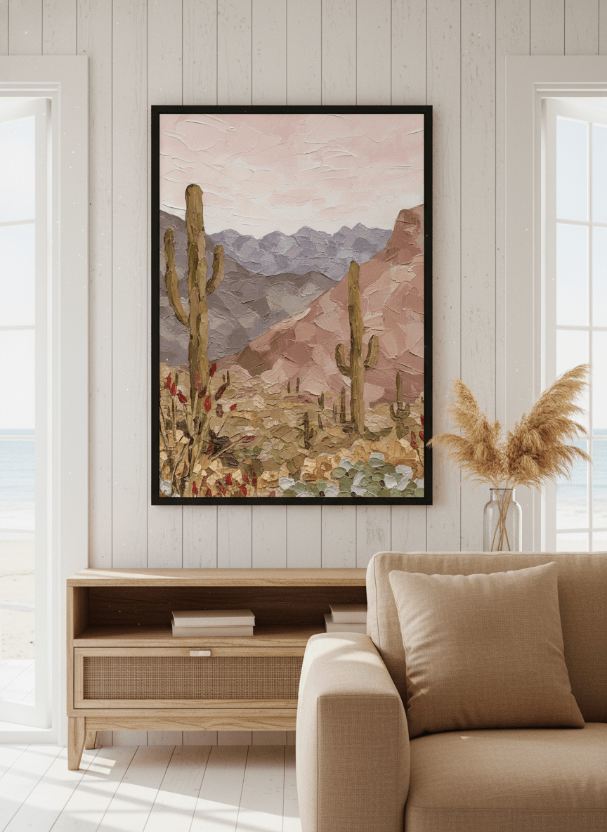 Neutral wall art displayed in a sunny coastal beach house