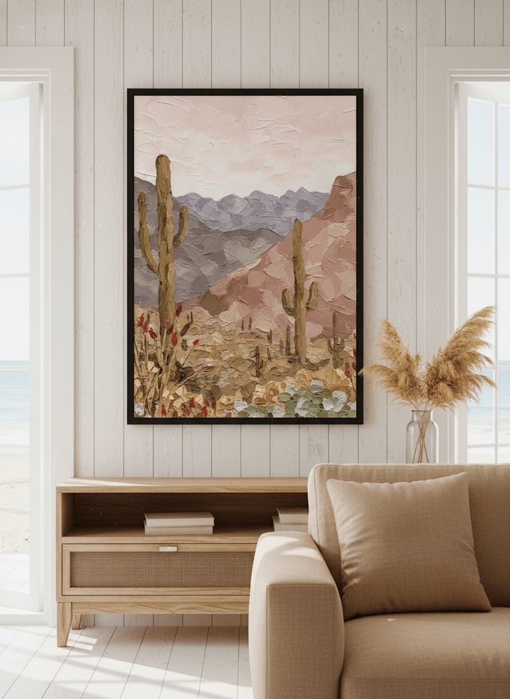 Neutral wall art displayed in a sunny coastal beach house