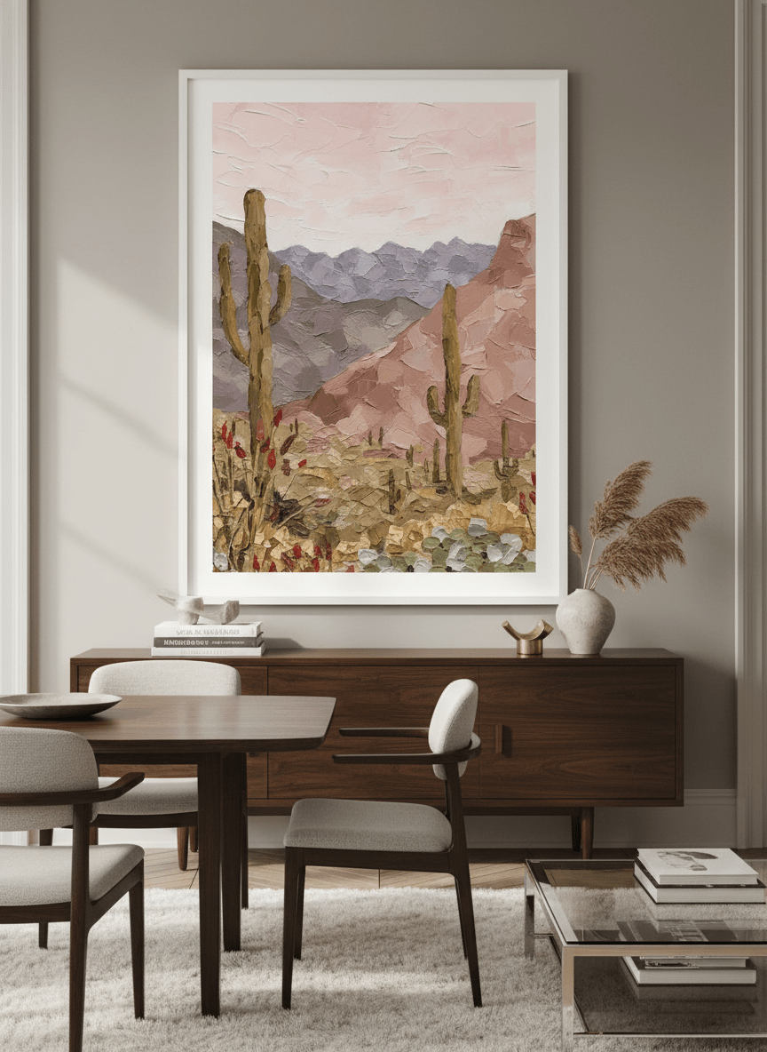 Monumental artwork centred on a feature wall in a luxe interior