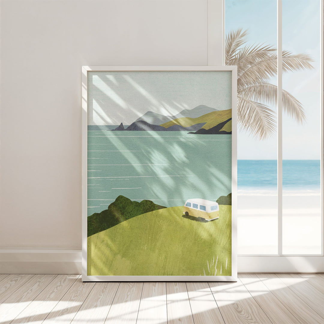 Artwork of a scenic landscape with a car on a hillside, mountains, and ocean.