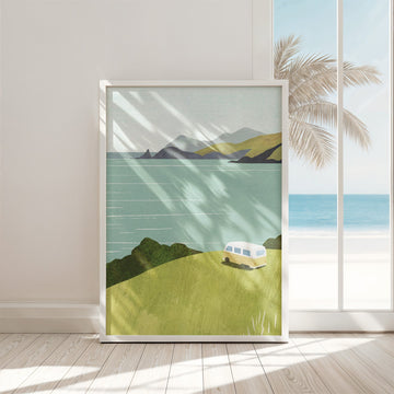 Artwork of a scenic landscape with a car on a hillside, mountains, and ocean.