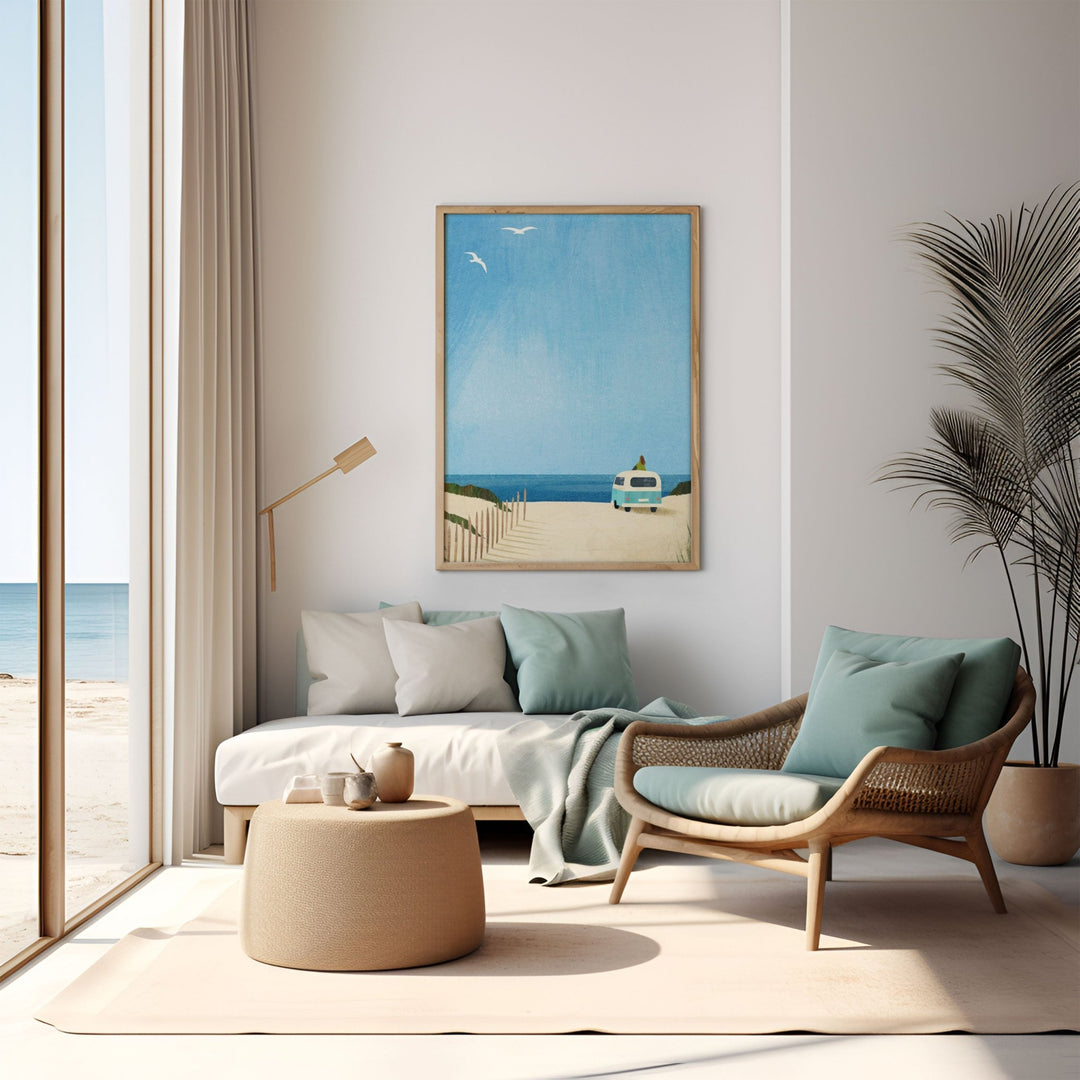 Modern living room with a beach-themed painting on the wall