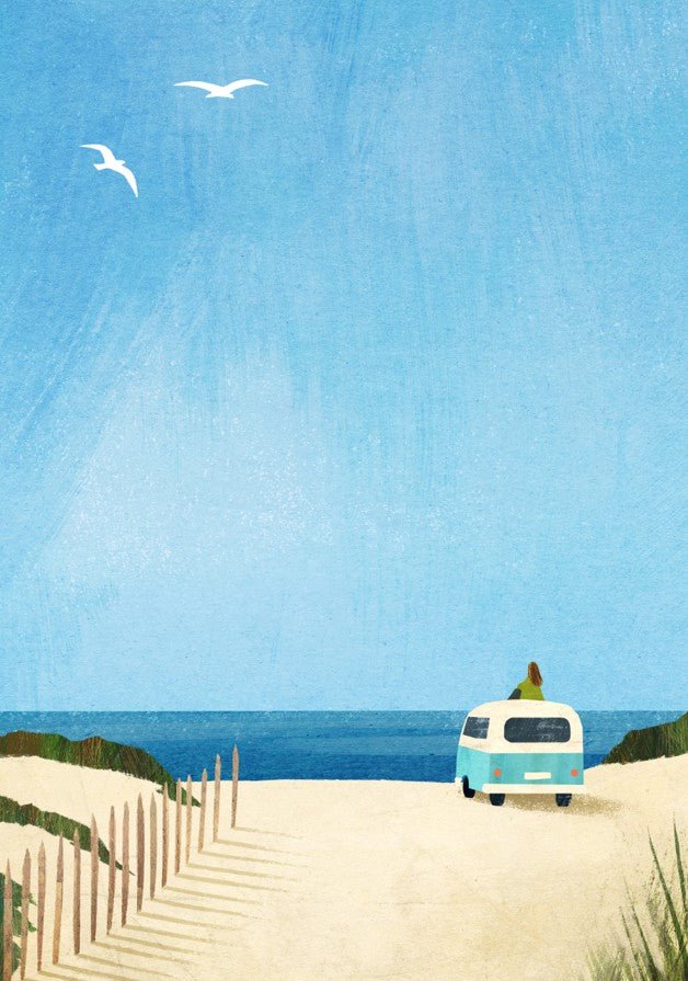 VW camper van on a sandy path leading to the ocean with seagulls in the sky. framed
