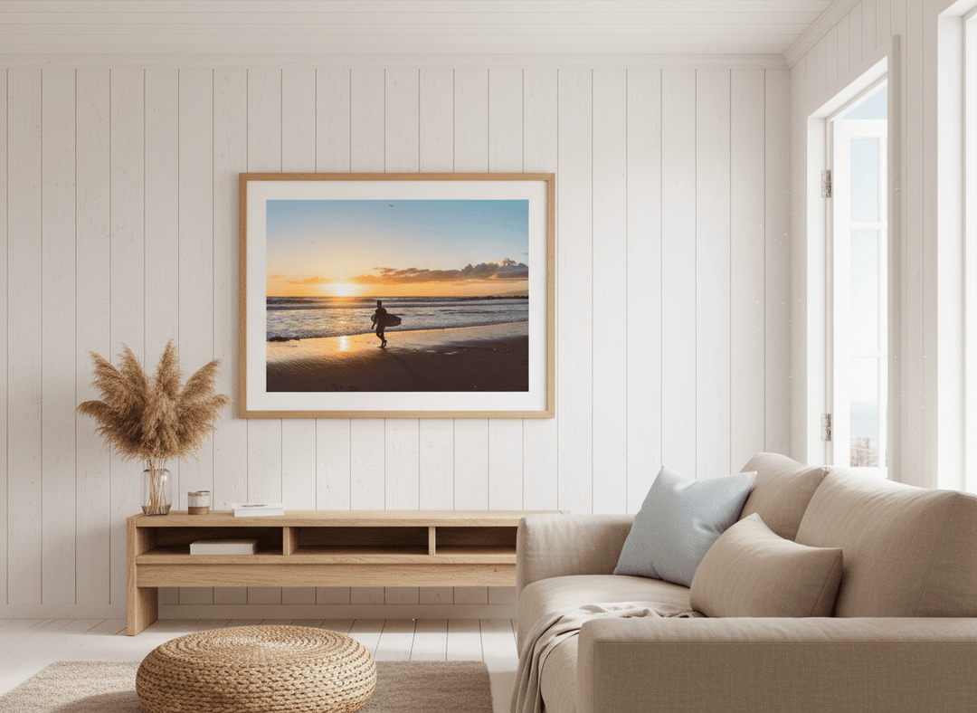 Neutral wall art displayed in a sunny coastal beach house
