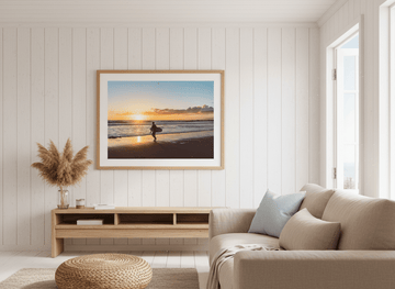 Neutral wall art displayed in a sunny coastal beach house