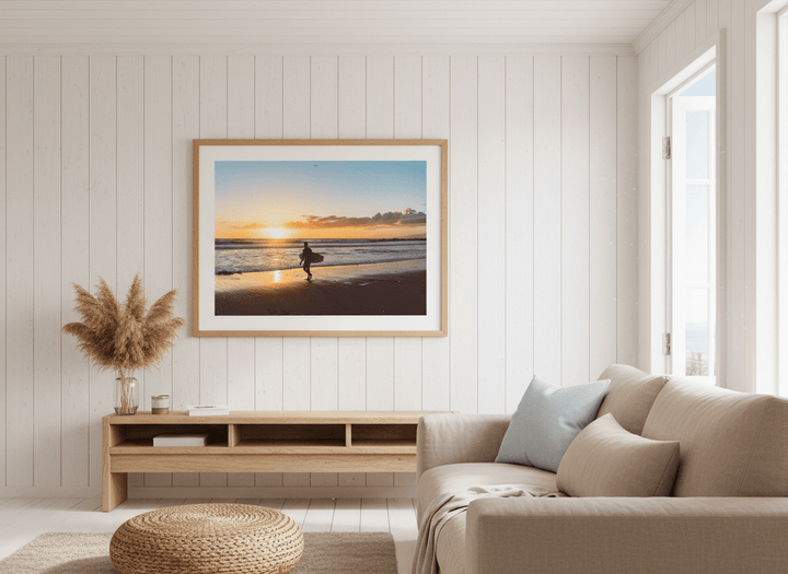 Neutral wall art displayed in a sunny coastal beach house