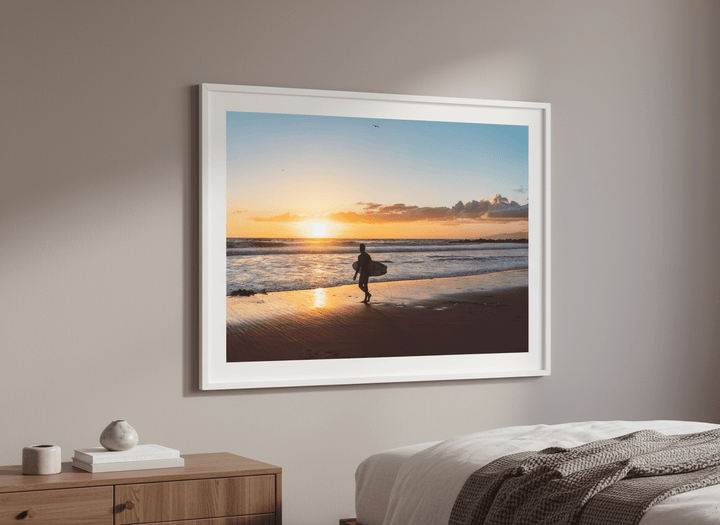 Minimalist artwork displayed in a calm, light-filled bedroom interior