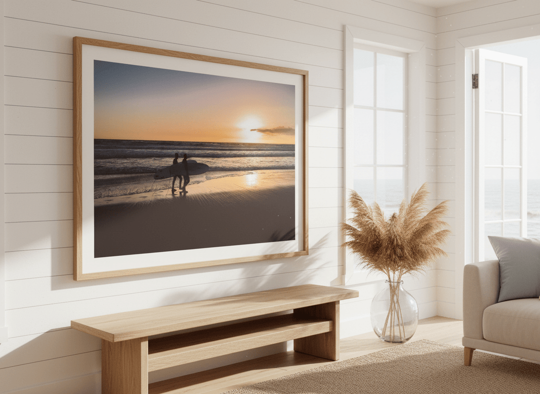 Neutral wall art displayed in a sunny coastal beach house