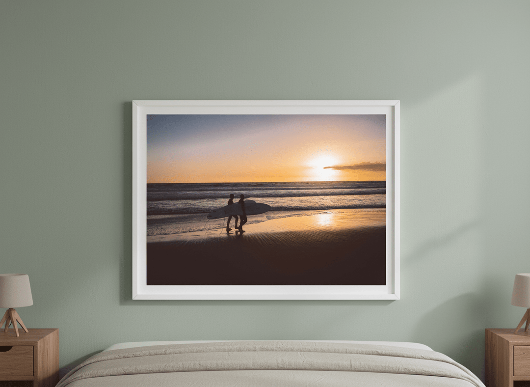 Minimalist artwork displayed in a calm, light-filled bedroom interior