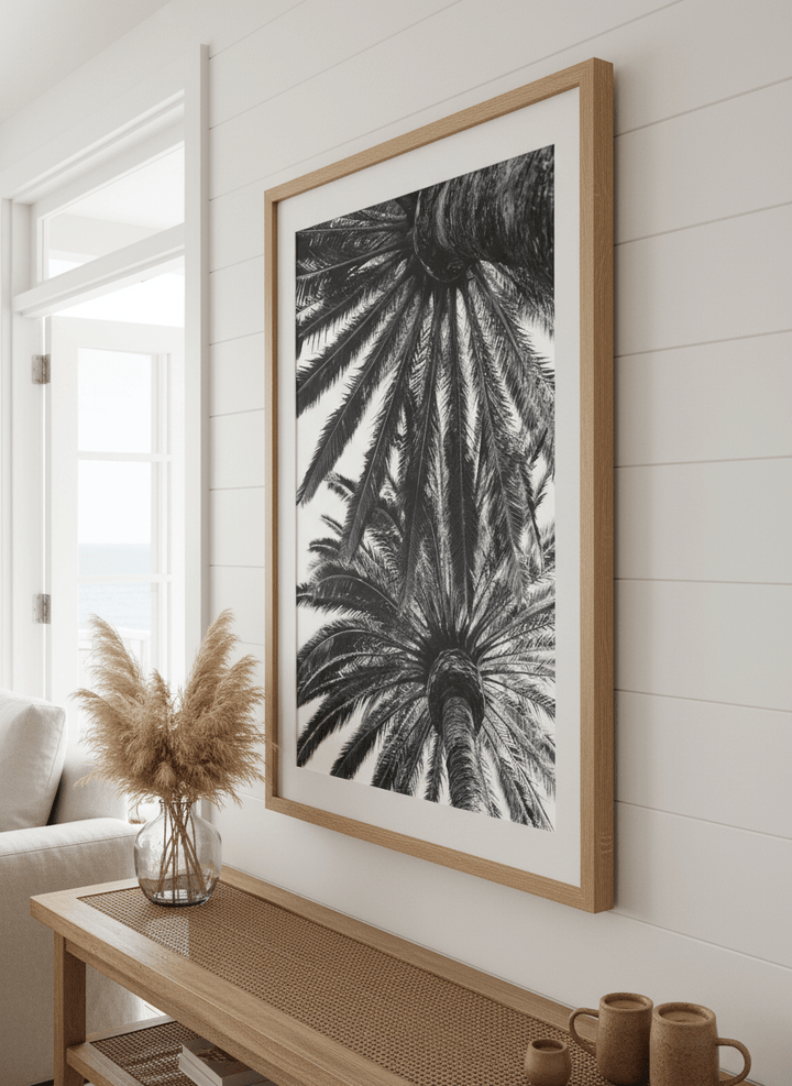 Neutral wall art displayed in a sunny coastal beach house