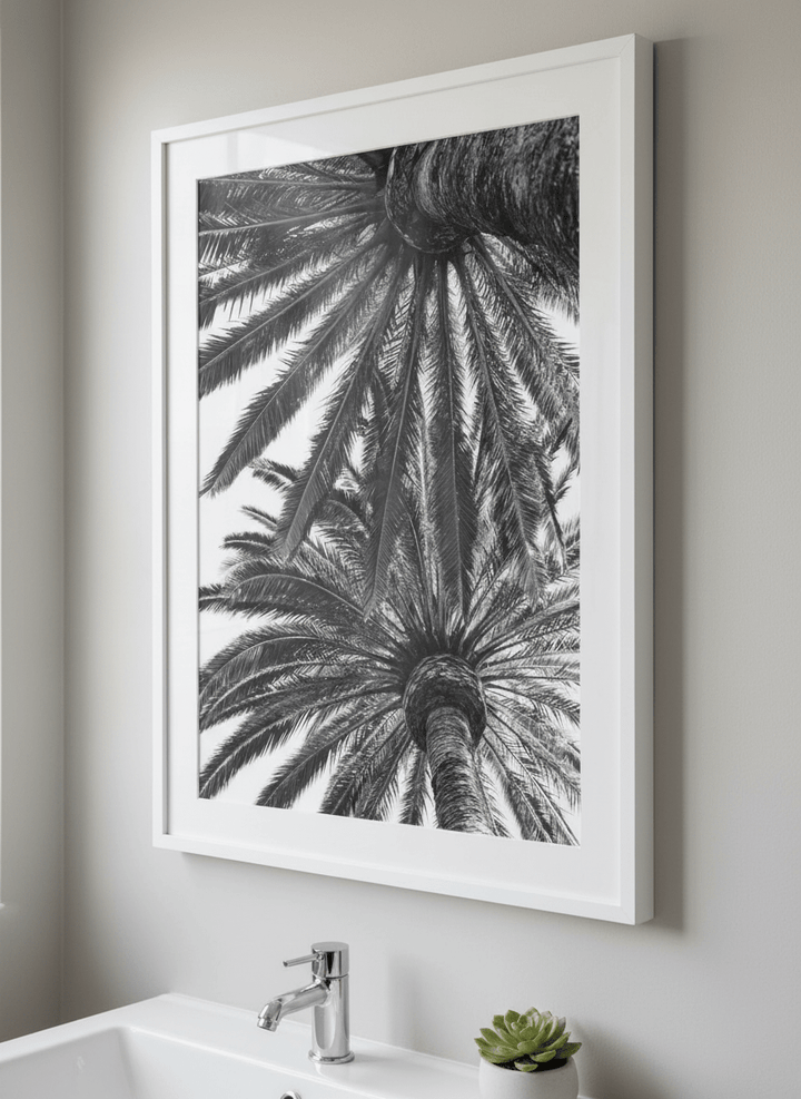 Modern print displayed in a clean minimalist bathroom setting