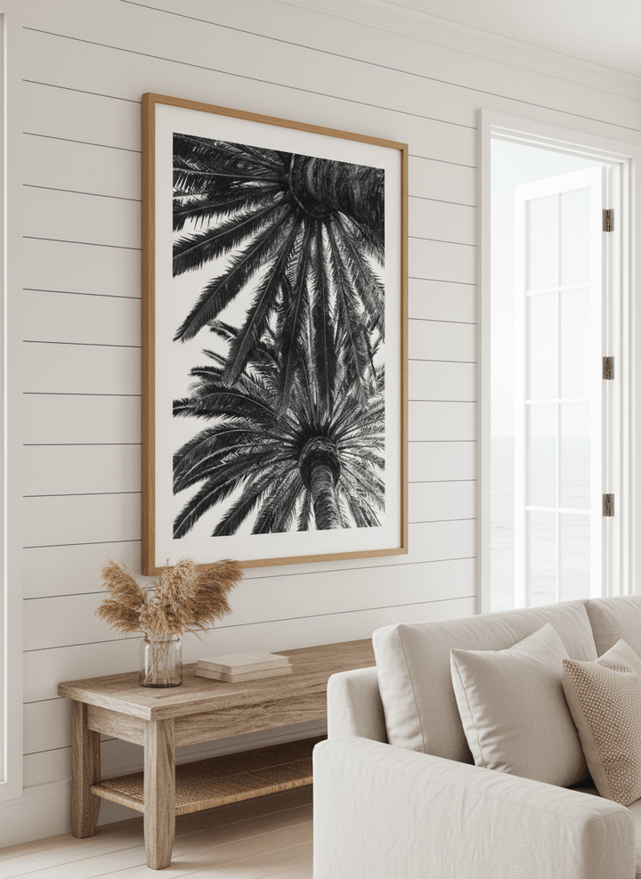 Neutral wall art displayed in a sunny coastal beach house
