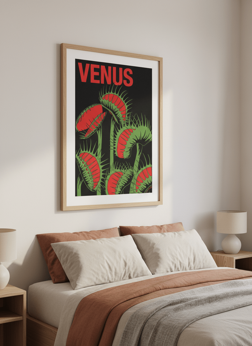 Minimalist artwork displayed in a calm, light-filled bedroom interior