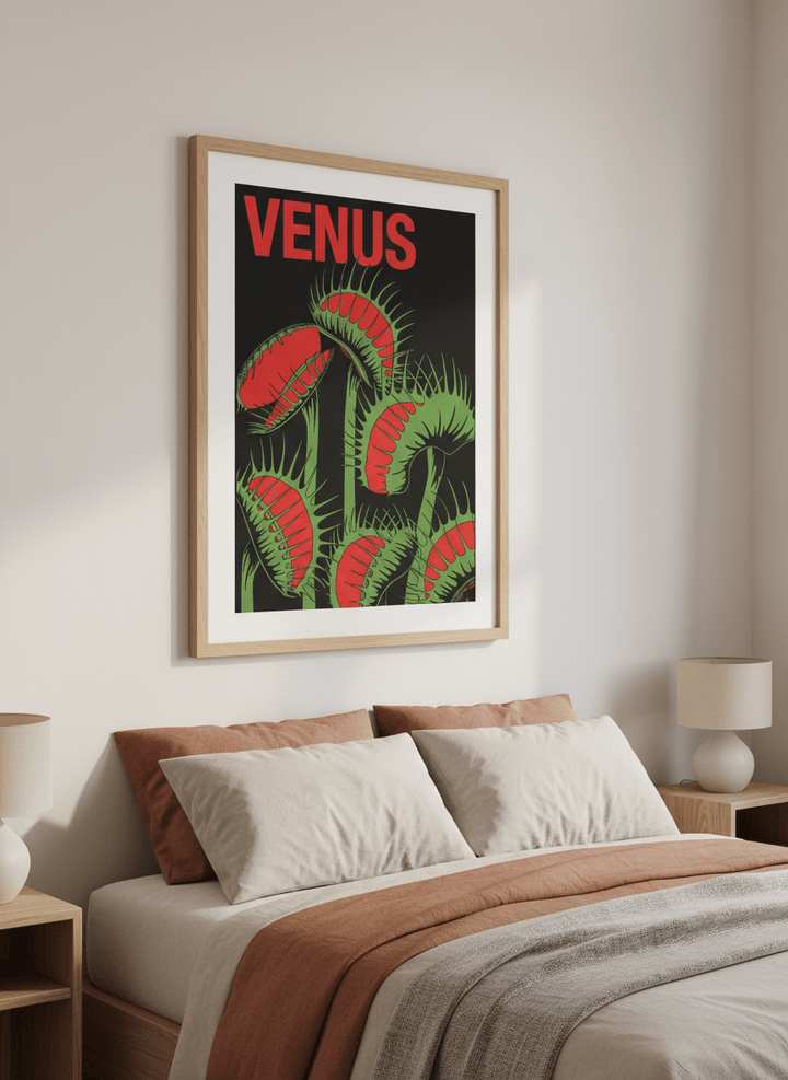 Minimalist artwork displayed in a calm, light-filled bedroom interior
