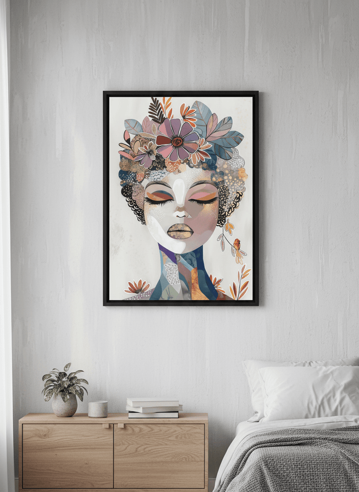 Minimalist artwork displayed in a calm, light-filled bedroom interior