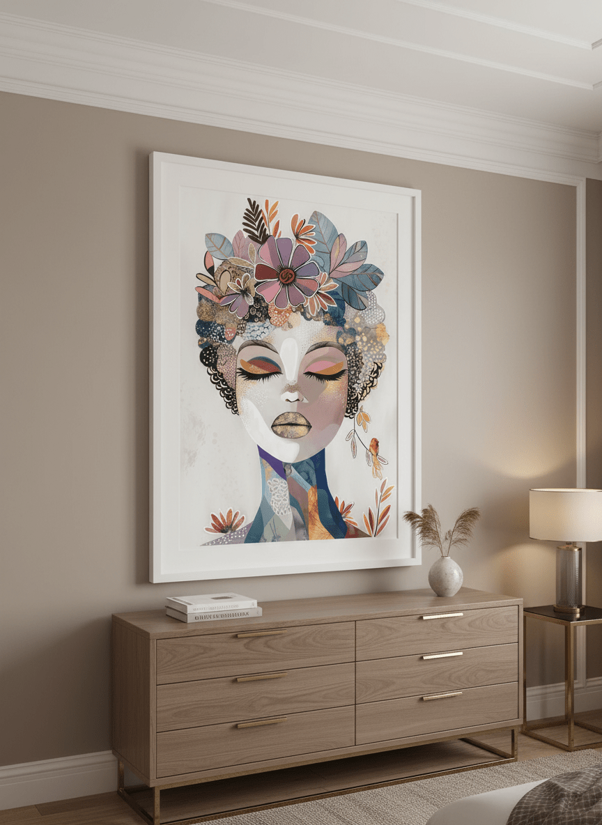 Monumental artwork centred on a feature wall in a luxe interior