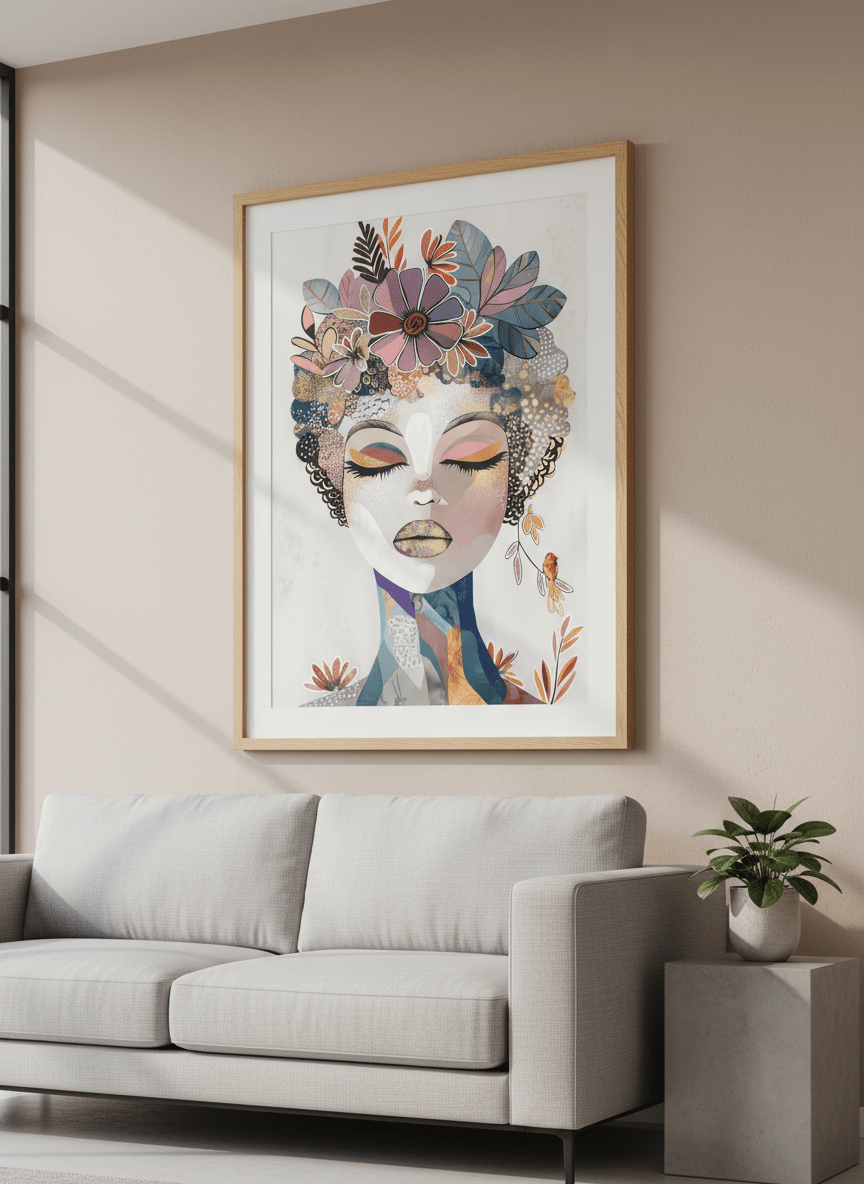 Modern wall art styled above a sofa in a neutral living room