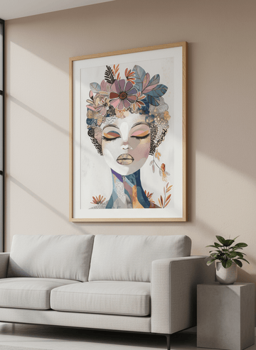 Modern wall art styled above a sofa in a neutral living room