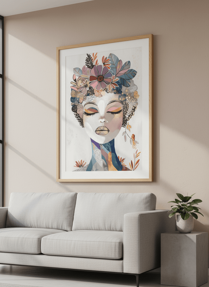 Modern wall art styled above a sofa in a neutral living room