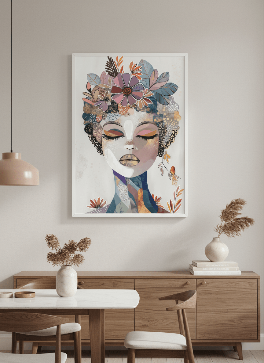 Wall art styled above a dining table in a contemporary home