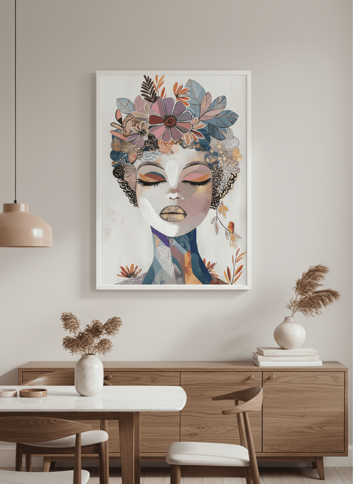 Wall art styled above a dining table in a contemporary home