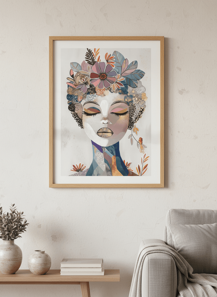 Modern wall art styled above a sofa in a neutral living room