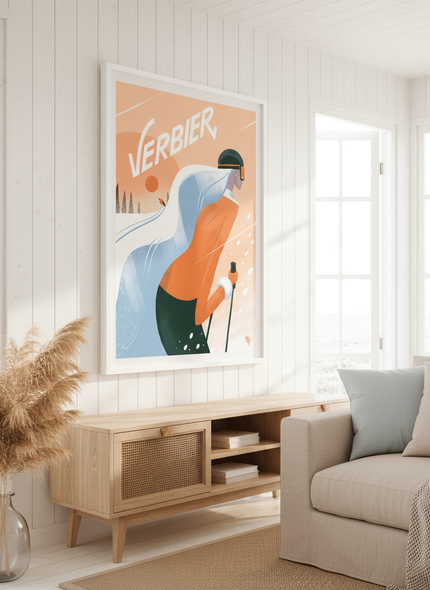 Neutral wall art displayed in a sunny coastal beach house