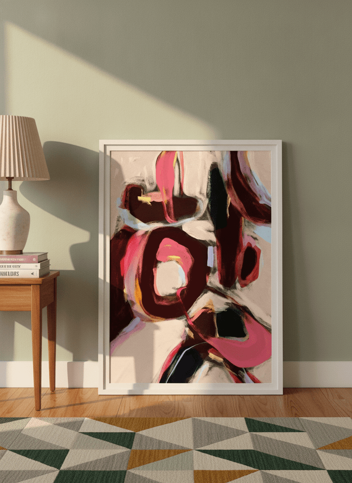 Modern wall art print leaning against the wall in a mid-century home office