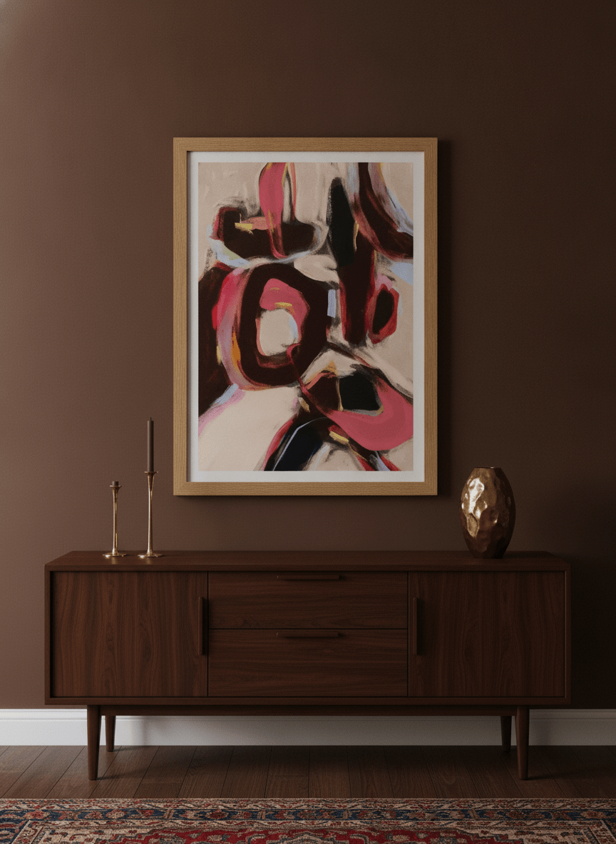 Modern wall art print styled on the wall in a moody living room
