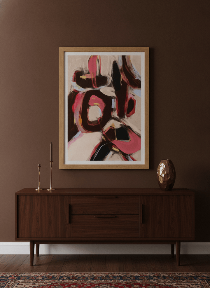 Modern wall art print styled on the wall in a moody living room