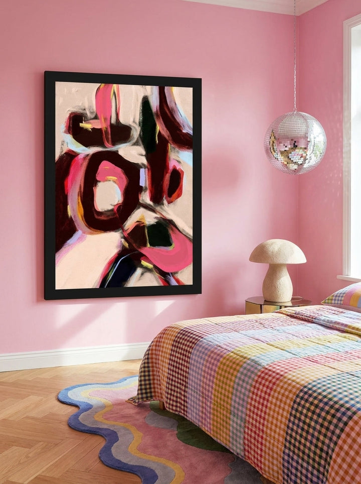 Modern wall art print styled on the wall in a colourful eclectic bedroom