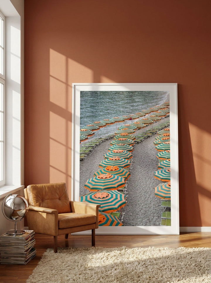 Oversized statement modern wall art print leaning against the wall in a retro 70s living room