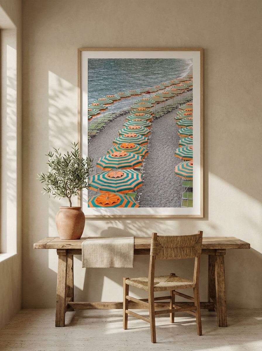 Modern wall art print styled on the wall in a Mediterranean home office
