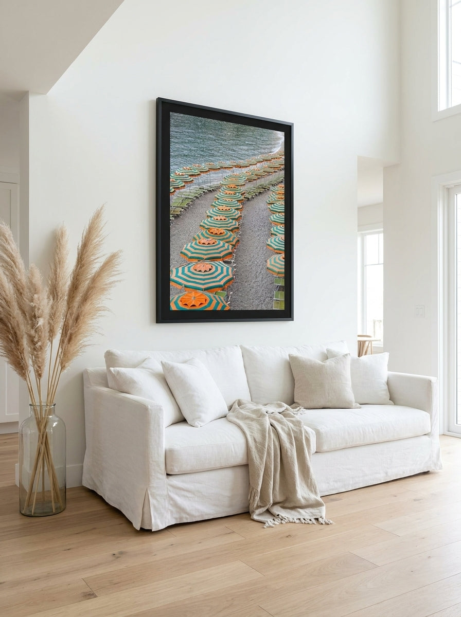 Oversized statement modern wall art print styled on the wall in a coastal living room
