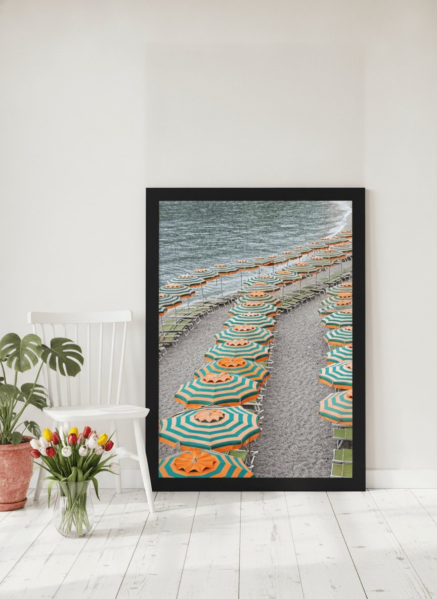 Modern wall art print leaning against the wall in a bright Scandinavian kitchen