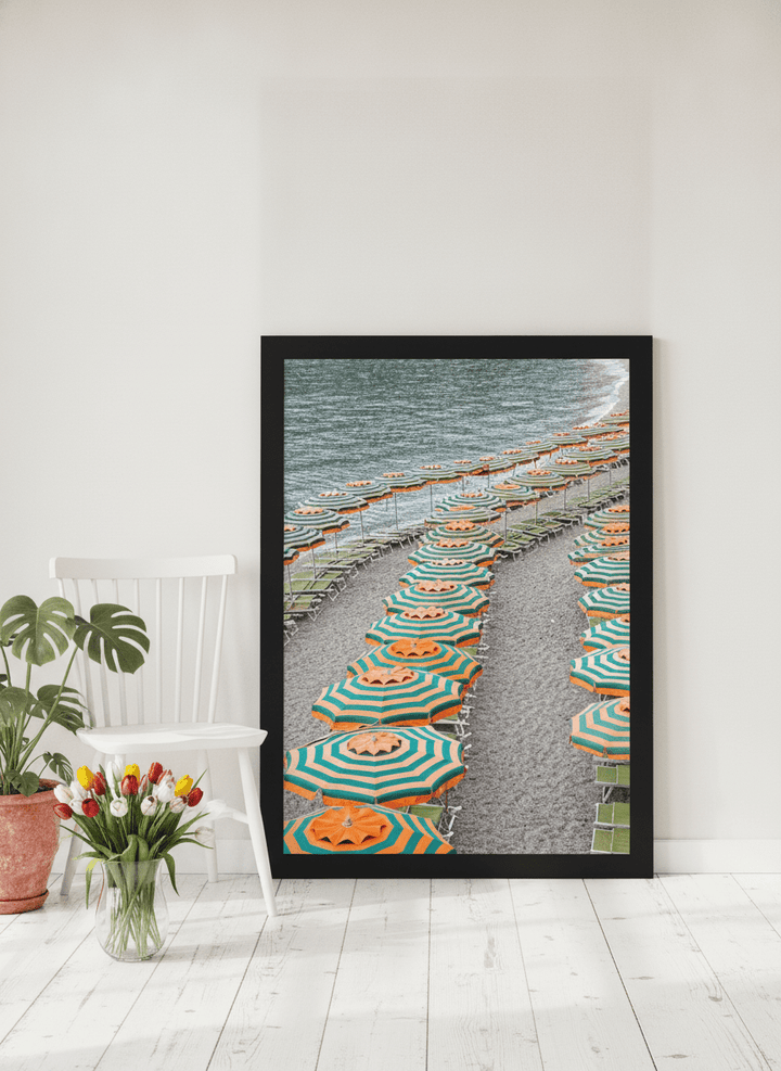 Modern wall art print leaning against the wall in a bright Scandinavian kitchen